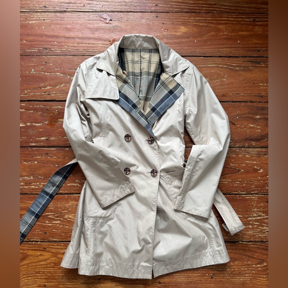 Barbour Jacket Womens Small Blue Derby Mac Reversible Hunting Country
